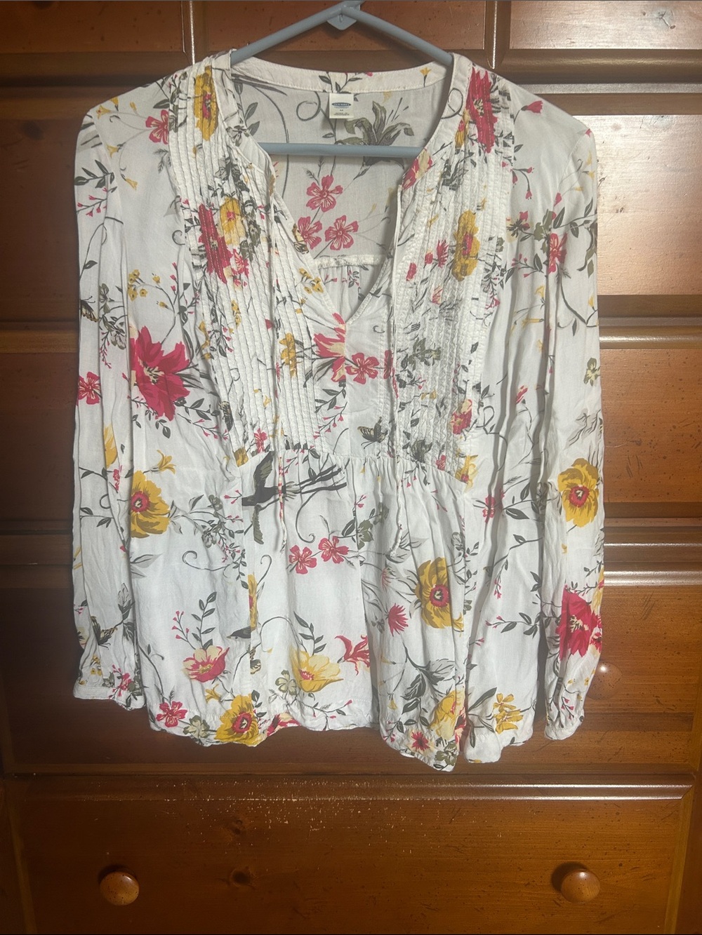 Old Navy White Floral Pintuck Tunic with Pink & Yellow Flowers